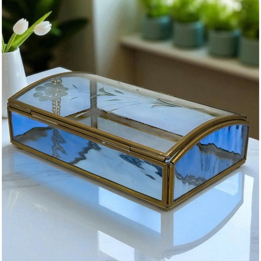 Vintage Via Vermont Etched Blue Glass Trinket Box With Mirrored Bottom